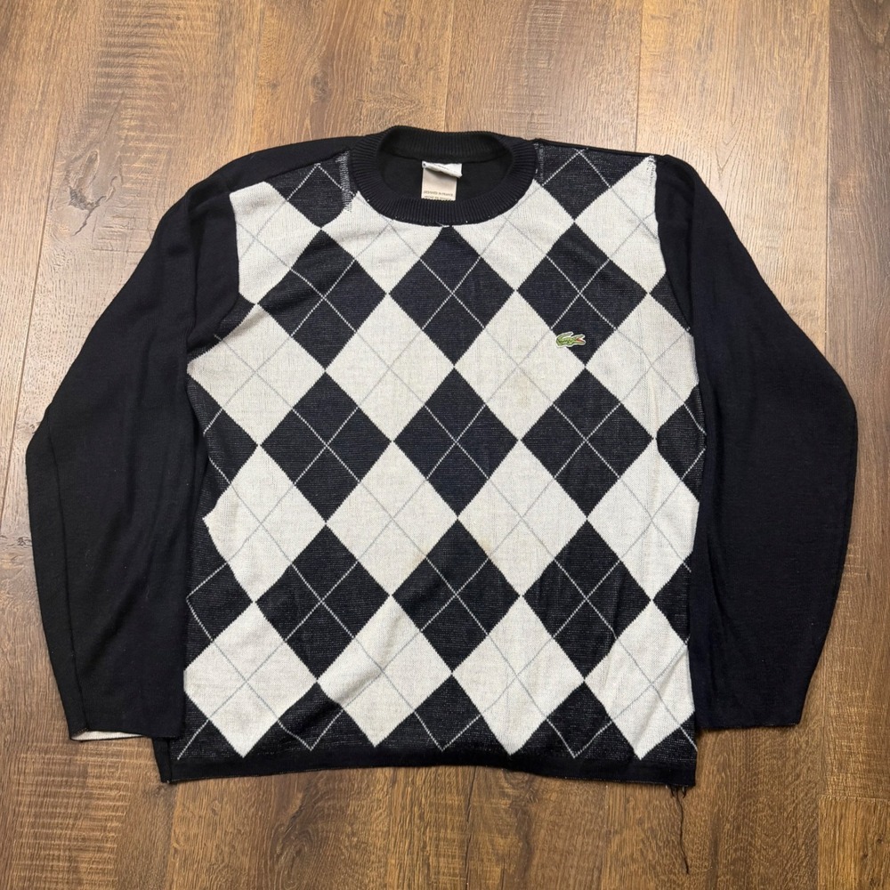Lacoste Argyle Sweater Mens Size 6 XL Black White Crewneck Cotton Preppy